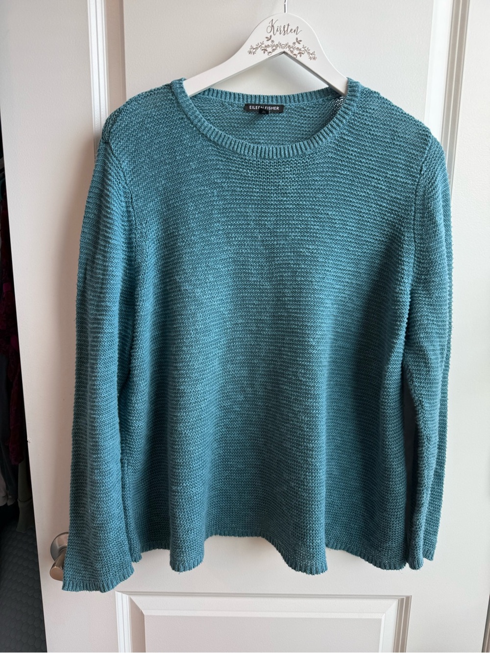 Eileen Fisher Loose Knit Blue Organic Linen Cotton Sweater Coastal Minimal XL